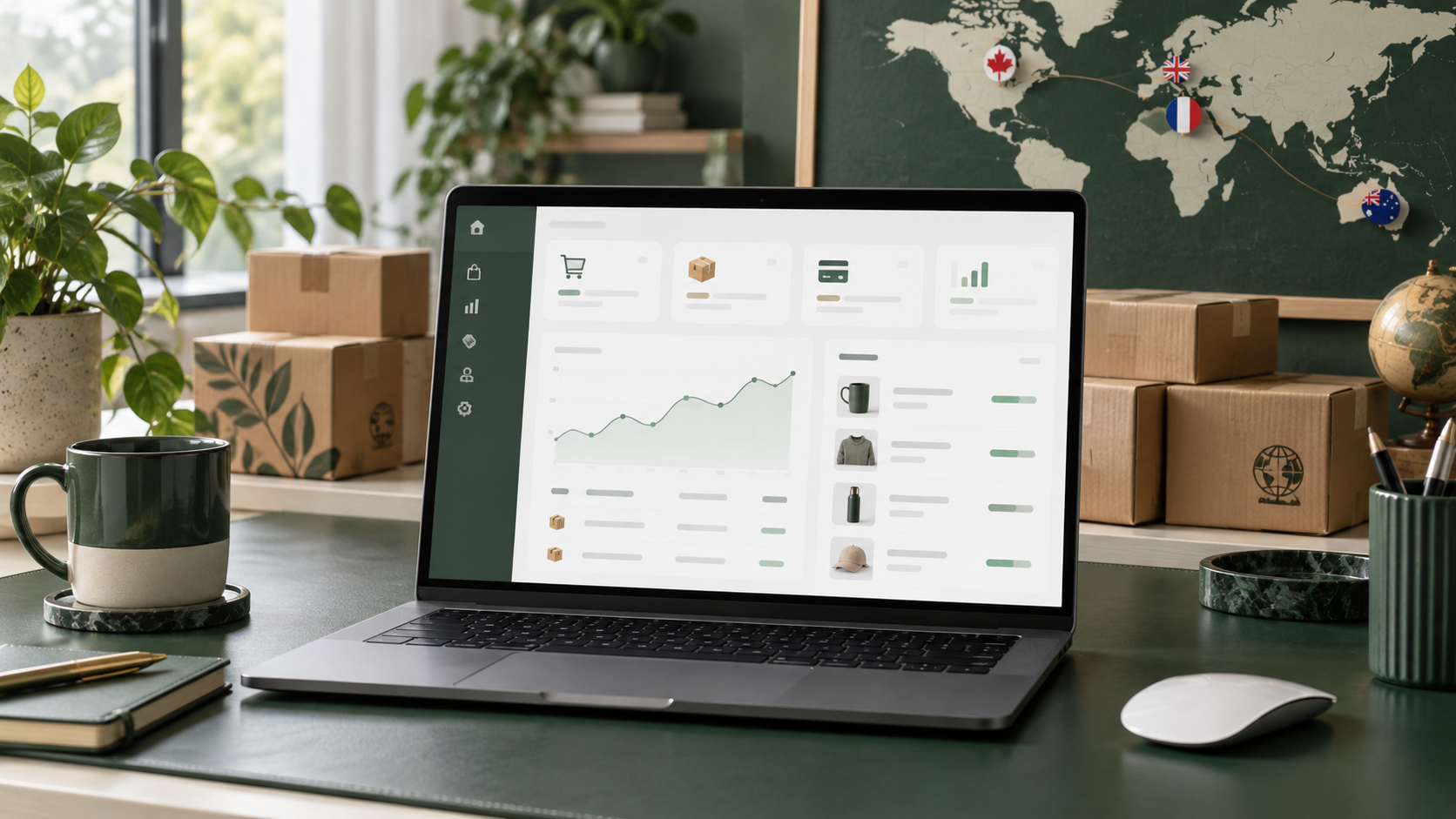 Ambiente ilustrativo de gestão de e-commerce e mercados internacionais