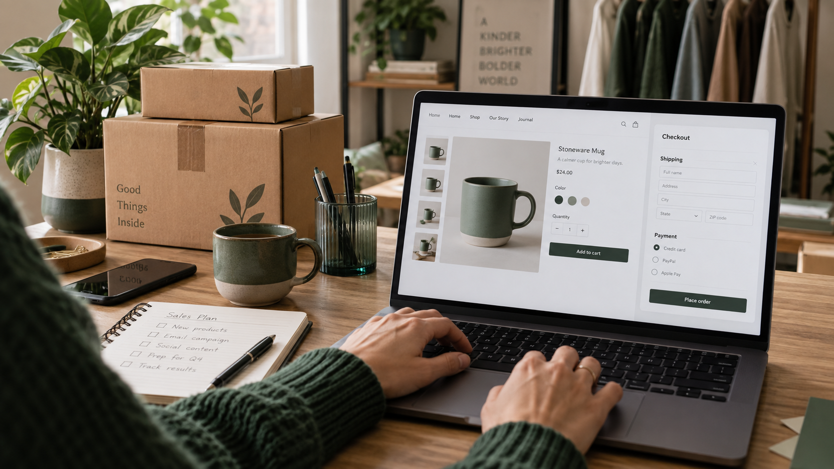 Operação ilustrativa de loja online com página de produto e checkout